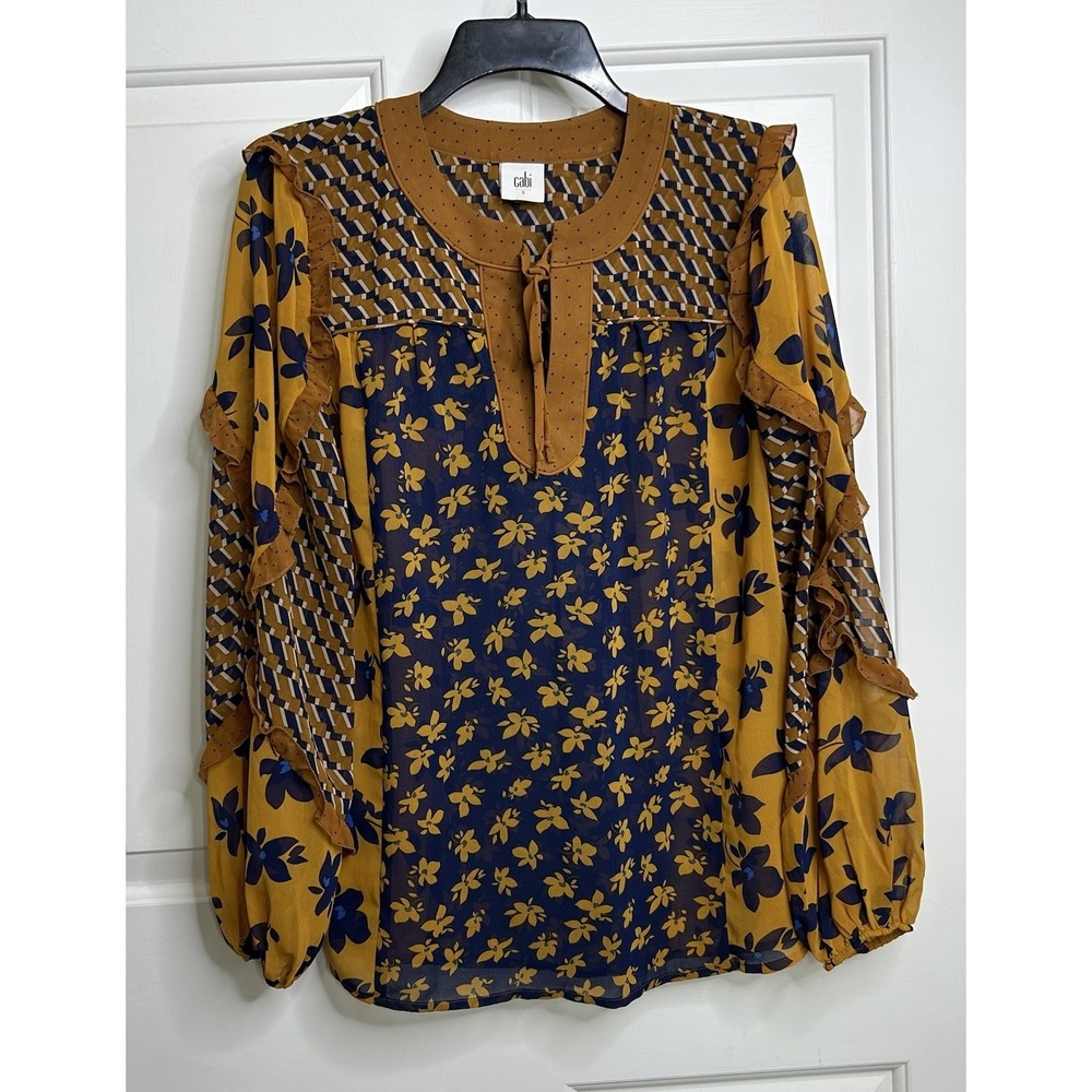 Cabi Harmony Blouse Women's Small Boho Peasant Semi Sheer V Neck Ruffles Western